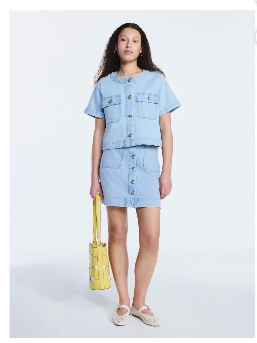 Light Blue Short-Sleeve Denim Jacket & Skirt Womens